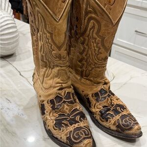 Corral Tan and Dark Brown Embroidered Cowboy Boots